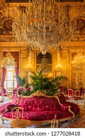 Paris, France - October 25, 2013: Interior of the apartments of Napoleon III in Louvre Museum with luxury baroque furnishings and stunning chandeliers