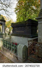 Paris, France, October 25, 2021 - Eugene Delacroix Grave, Pere-Lachaise Cemetery In Autumn Season.