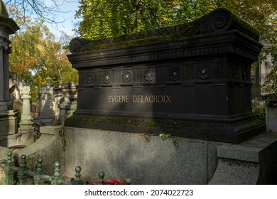 Paris, France, October 25, 2021 - Eugene Delacroix Grave, Pere-Lachaise Cemetery In Autumn Season.