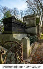 Paris, France, October 25, 2021 - Eugene Delacroix Grave, Pere-Lachaise Cemetery In Autumn Season.