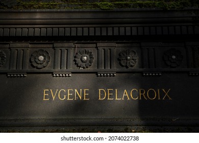 Paris, France, October 25, 2021 - Eugene Delacroix Grave, Pere-Lachaise Cemetery In Autumn Season.