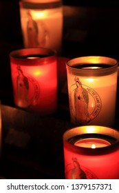 PARIS, FRANCE - OCTOBER 28, 2018 : Offerings Candles In Notre-Dame De Paris Before Fire Hazard.