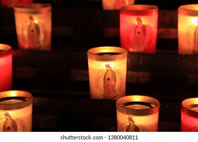 PARIS, FRANCE - OCTOBER 28, 2018 : Offerings Candles In Notre-Dame De Paris Before Fire Hazard.