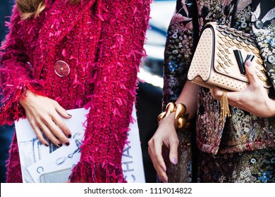 Paris. France - October 3, 2017: Street Fashion Photo Of Details Womens Clothes And Shoes. A Girl In Stylish Clothes With A Chanel Bag On The Champs Elysees Avenue In Paris.  