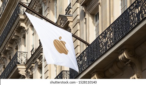 PARIS, FRANCE - OCTOBER 4, 2019: Apple Flag On Apple Store Building At Famous Luxury Avenue Des Champs-Elysees.  Apple Inc. Is One Of Big Four Tech Companies Along With Amazon, Google, And Facebook.