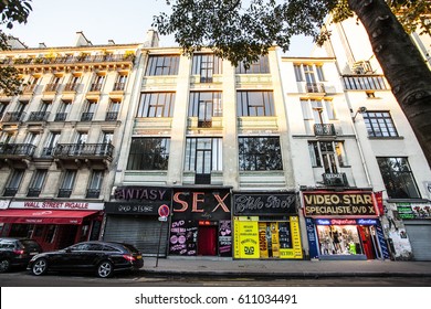 PARIS, FRANCE - October 6, 2016 - Sex shops in the Paris red-light district of Pigalle