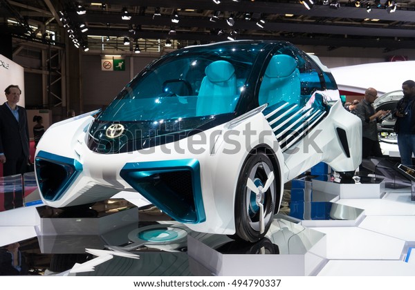 PARIS, FRANCE -\
OCTOBER 6, 2016: Toyota Fuel Cell Car is displayed at Paris Motor\
Show. This car uses four hydrogen fuel tanks, which store\
high-pressure compressed hydrogen.\
