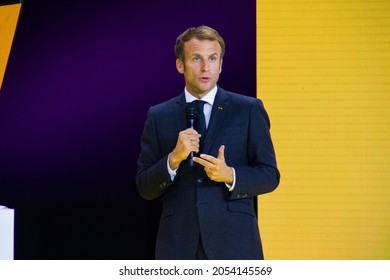 Paris, France - October 7, 2021 : Emmanuel Macron, the President of France, giving a speech on the Bang stage of the Paris Accor Arena in Bercy for the Bpifrance (BIG) business convention