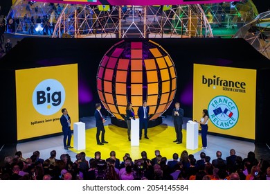 Paris, France - October 7, 2021 : Emmanuel Macron, the President of France, on the Bang stage of the Paris Accor Arena in Bercy with French entrepreneurs for the Bpifrance (BIG) business convention
