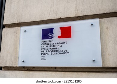 Paris, France - October 9, 2022: Close-up Of The Plaque Attached To The Entrance Of The Ministry Responsible For Equality Between Women And Men With The Logo Of The French Republic