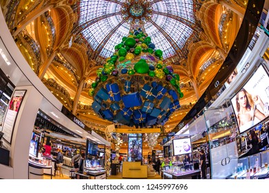 PARIS, FRANCE, on OCTOBER 26, 2018. The main trading floor of Galeries Lafayette shop in New Year's furniture. Fish-eye view