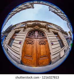 PARIS, FRANCE, On OCTOBER 29, 2018. The Typical City Street With Historical Building, An Architectural Fragment, Fisheye View