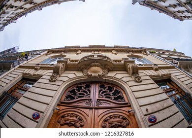 PARIS, FRANCE, On OCTOBER 29, 2018. The Typical City Street With Historical Building, An Architectural Fragment, Fisheye View