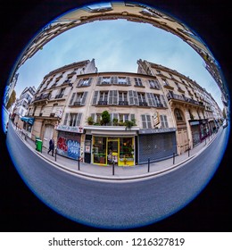 PARIS, FRANCE, On OCTOBER 29, 2018. The Typical City Street With Historical Building, An Architectural Fragment, Fisheye View