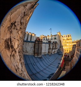 PARIS, FRANCE, On OCTOBER 29, 2018. A View Of The City Street From A Balcony Early In The Morning. Fisheye View