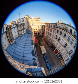 PARIS, FRANCE, On OCTOBER 29, 2018. A View Of The City Street From A Balcony Early In The Morning. Fisheye View