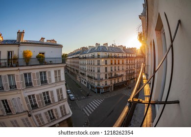 PARIS, FRANCE, On OCTOBER 29, 2018. A View Of The City Street From A Balcony Early In The Morning. Fisheye View