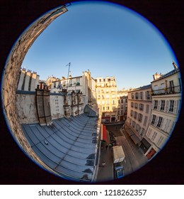 PARIS, FRANCE, On OCTOBER 29, 2018. A View Of The City Street From A Balcony Early In The Morning. Fisheye View