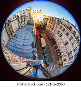 PARIS, FRANCE, On OCTOBER 29, 2018. A View Of The City Street From A Balcony Early In The Morning. Fisheye View