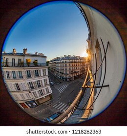 PARIS, FRANCE, On OCTOBER 29, 2018. A View Of The City Street From A Balcony Early In The Morning. Fisheye View