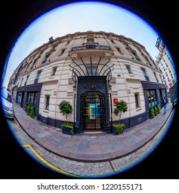 PARIS, FRANCE, On OCTOBER 29, 2018. The Typical City Street With Historical Building, An Architectural Fragment, Fisheye View