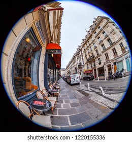 PARIS, FRANCE, On OCTOBER 29, 2018. The Typical City Street With Historical Building, An Architectural Fragment, Fisheye View