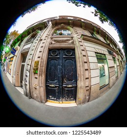 PARIS, FRANCE, On OCTOBER 29, 2018. The Typical City Street With Historical Building, An Architectural Fragment, Fisheye View