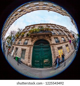 PARIS, FRANCE, On OCTOBER 29, 2018. The Typical City Street With Historical Building, An Architectural Fragment, Fisheye View