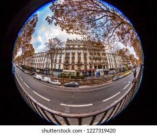 PARIS, FRANCE, On OCTOBER 29, 2018. The Typical City Street With Historical Building, Fisheye View