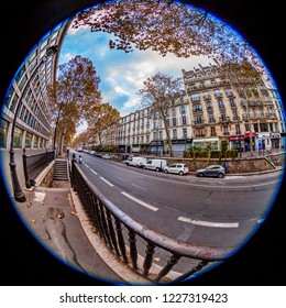 PARIS, FRANCE, On OCTOBER 29, 2018. The Typical City Street With Historical Building, Fisheye View