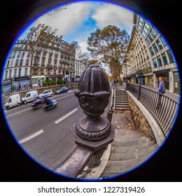 PARIS, FRANCE, On OCTOBER 29, 2018. The Typical City Street With Historical Building, Fisheye View