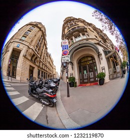 PARIS, FRANCE, On OCTOBER 29, 2018. The Typical City Street With Historical Building, Pedestrians Go On The Sidewalk, Fisheye View