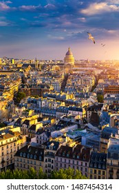 Paris, France, Seine river cityscape in summer colors with birds flying over the city. Paris city aerial panoramic view. Paris is the capital and most populous city of France. Postcard of Paris.