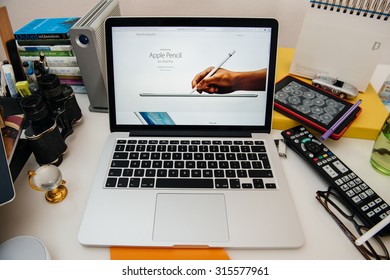 PARIS, FRANCE - SEP 10, 2015: Apple Computers Website On MacBook Pro Retina In A Creative Room Environment Showcasing The Newly Announced Apple Pencil