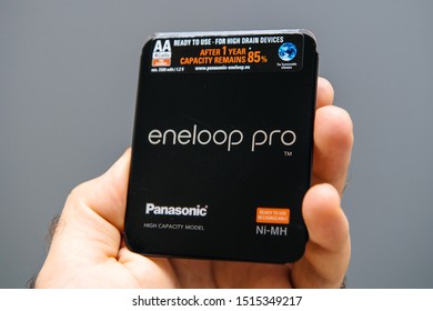 Paris, France - Sep 13, 2019: Man hand holding Panasonic Eneloop Pro High capacity modern Ni-MH batteries - Shutterstock ID 1515349217