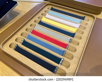 Paris, France - Sep 16, 2022: New Colorful Sport Silicone Mesh Bands For Recently Launched Apple Watch Series 8 With Features: Cycle Tracking And Crash Detection Two New Temperature Sensors, A High-g