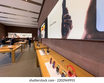 Paris, France - Sep 16, 2022: POV Male Hand Holding New Purple Colored Apple Computers IPhone 14 During The Launch Day Featuring New Dual Powerful Camera Car Crash Detection; And Satellite SOS