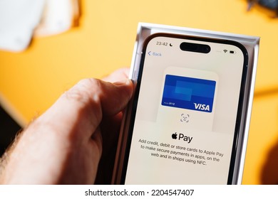 Paris, France - Sep 17, 2022: Setting Visa Pay Card Menu On Apple Pay Payment System App To Add Credit Debit Or Store Card New Apple Computers IPhone 14 Pro Smartphone Telephone With Ciao Italian
