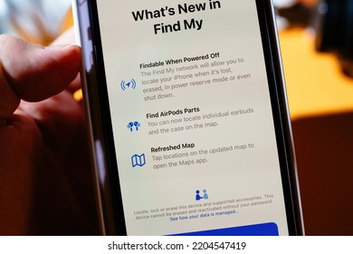 Paris, France - Sep 17, 2022: What's New In Find My App - Find Airpods Parts, Refreshed Map, Findable When Powered Off - IOS 16 On IPhone 14 Pro By Apple Computers Unboxing