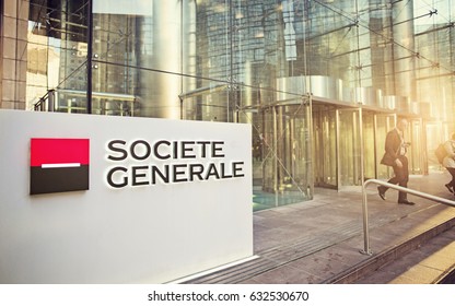 PARIS, FRANCE - SEP 20: Sunset View of Societe Generale headquarter in La Defense, Paris on September 20 2015. Societe Generale is a French multinational banking and financial services company.
