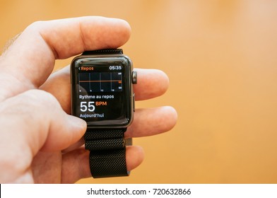 PARIS, FRANCE - SEP 22, 2017: New Apple Watch Series 3 goes on sale in Apple Store with resting heart rate on health app on the display 