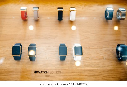 Paris, France - Sep 22, 2019: View from above of multiple Apple Watch 42 mm the personal wearable device manufactured by Apple Computers including Gold Edition