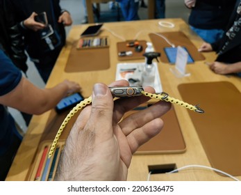 Paris, France - Sep 23, 2022: New Titanium Apple Watch Ultra Designed For Extreme Activities - Man Looking At The New Ocean Band Apple Store First Day Of Sale