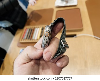 Paris, France - Sep 23, 2022: Man Looking At The Side Of Apple Store First Day Of Sale For New Titanium Apple Watch Ultra Designed For Extreme Activities Like Endurance Sports, Elite Athletes