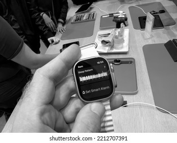 Paris, France - Sep 23, 2022: REM Sleep Pattern On The New Titanium Apple Watch Ultra In Apple Computers Store - Customers In Background - Set Smart Alarm Mode