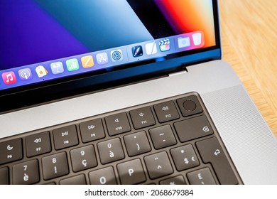 Paris France - Sep 24 2021: Touch ID security log-on and payments on Apple Computers MacBook book pro 14 inch laptop featuring an all-new design with more ports, no Touch Bar, MagSafe, M1 Pro and M1