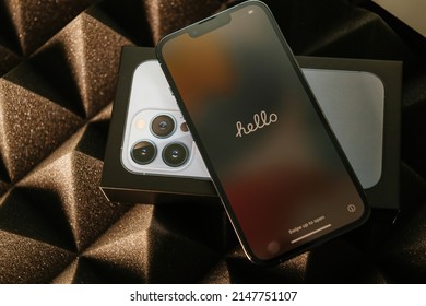 Paris, France - Sep 25, 2021: Hello Message On The New New Triple Camera Apple IPhone 13 Pro Max Sierra Blue New Color On Tech Background Hero Object In New Thin Cardboard Box,