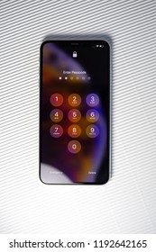 PARIS, FRANCE - SEP 27, 2018: Enter Passcode Screen On New Apple Computers IPhone Xs With Keypad Used To Unlock The Phone