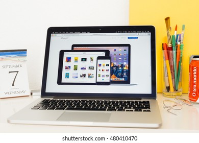 PARIS, FRANCE - SEP 8, 2016: Apple Computers Website On MacBook Pro Retina In A Geek Creative Room Environment Showcasing IPad Pro, IPhone 7 And MAc Book Air With Ios 10