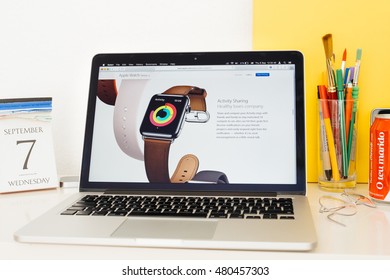 PARIS, FRANCE - SEP 8, 2016: Apple Computers Website On MacBook Pro Retina In A Geek Creative Room Environment Showcasing New Apple Watch Series 2 Activity Rings And Coaching